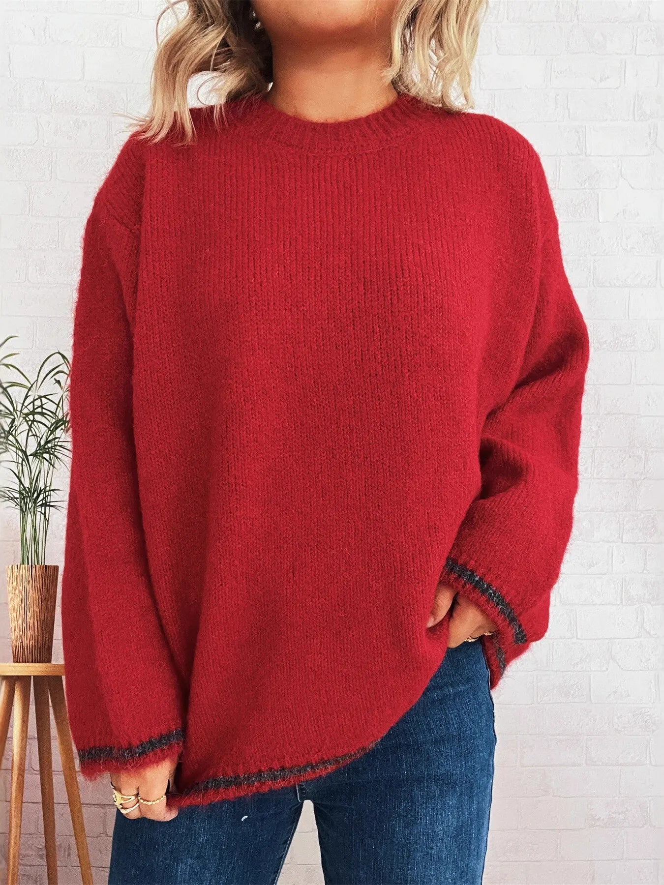 Contrast Trim Round Neck Cozy Sweater bcf479e2caae4c76a1d617d661d81cc0-Max-Origin