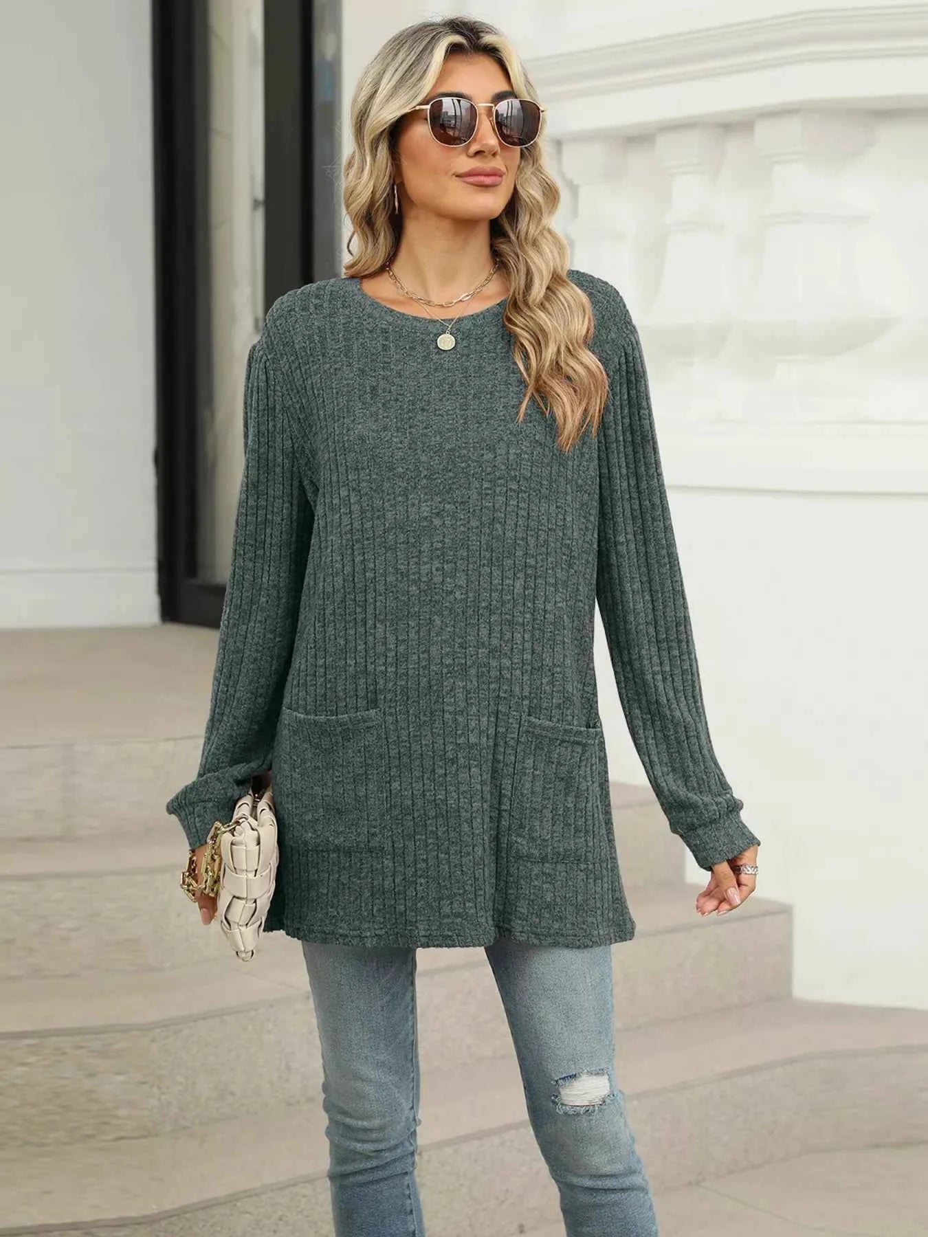 Ribbed Knit Long Sleeve T-Shirt bd0549aed1474ddb9c59c723e2f12701-Max-Origin