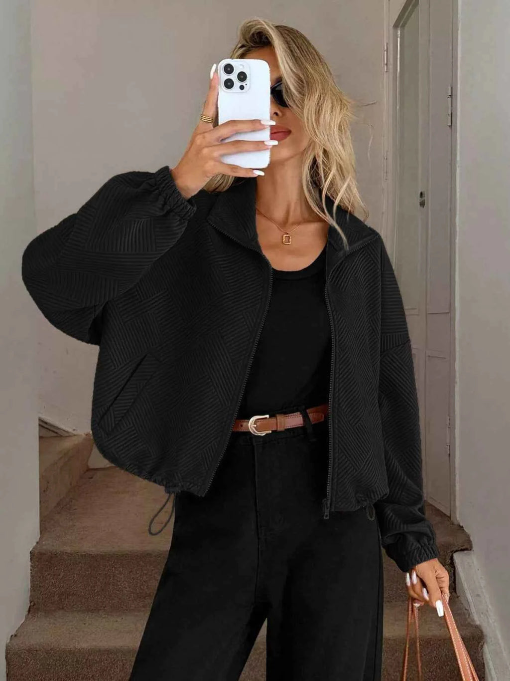 Drawstring Hem Textured Long Sleeve Jacket bd0b31287b01405a9ecd8df2b7cc309a-Max-Origin