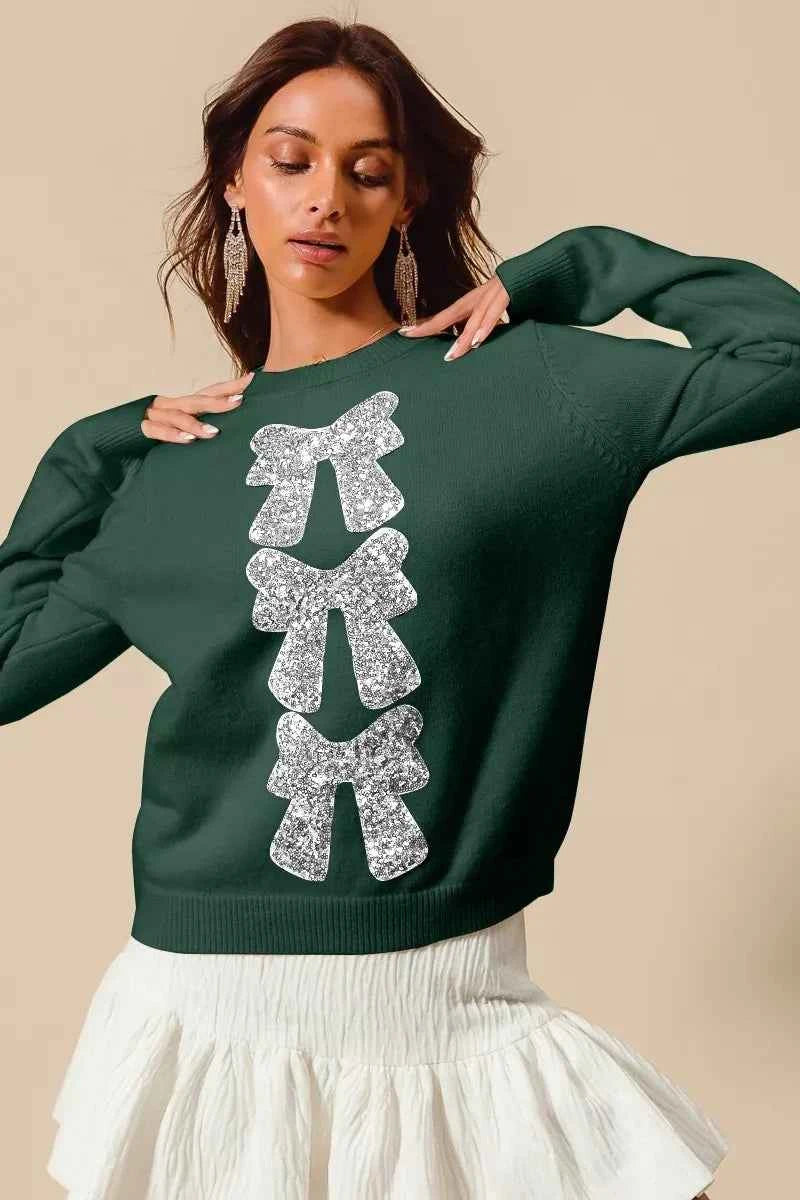 SO ME Sequins Bow Ribbon Embellished Christmas Sweater HUNTER SILVER bd0b73dad2d448be934c11bcf4300efd-Max-Origin
