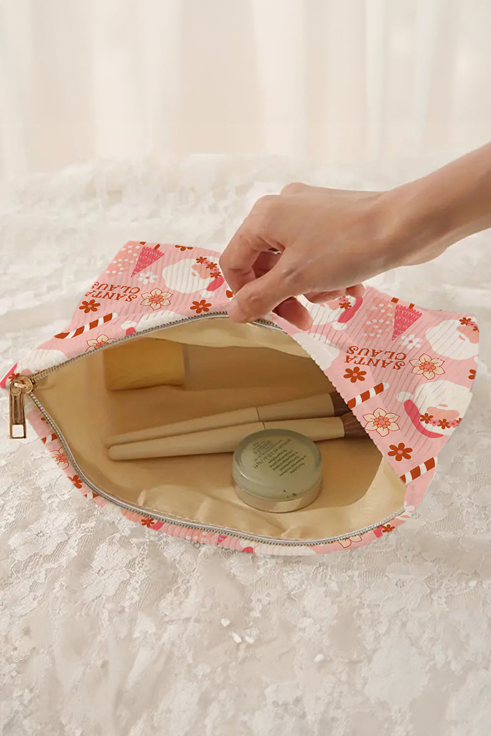 Pink Christmas Santa Claus Corduroy Zip Up Cosmetic Bag