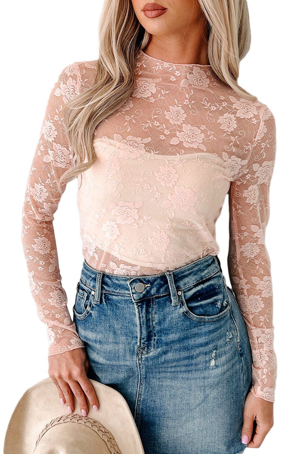 Black Mock Neck Floral Lace Mesh Long Sleeve Top bd162655e7ff81f1