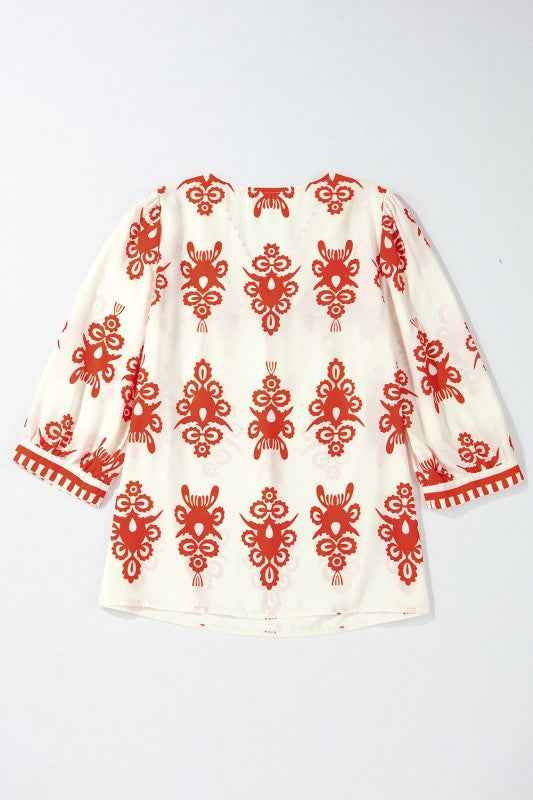 Vintage Geometric Printed V Neck Blouse bd173bfd-ea5a-4d3d-8a39-367af55ee497
