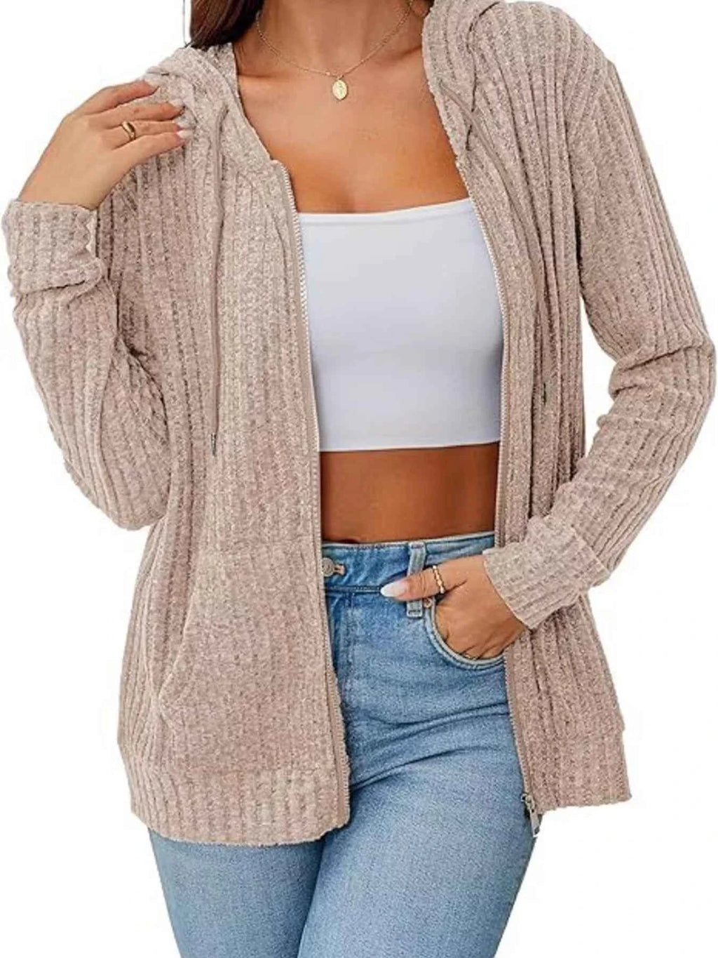 Ribbed Zip Up Hooded Outerwear Light Brown bd1f3ac488d54ffca6a4922d86a6c264-Max-Origin