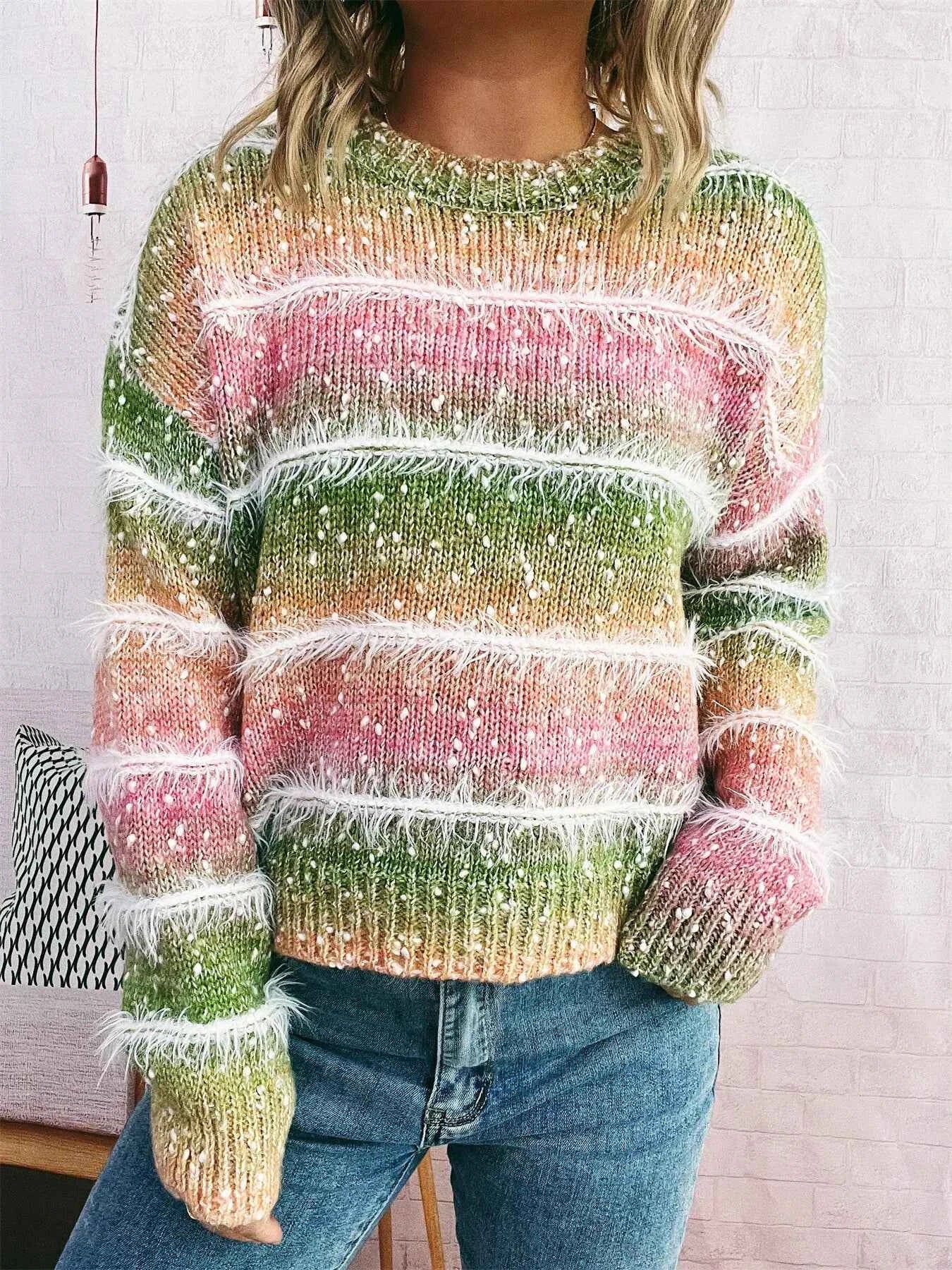 Gradient Striped Round Neck Sweater Green One Size bd21df715f9e4a1eb5ff1462e3520ca5-Max-Origin