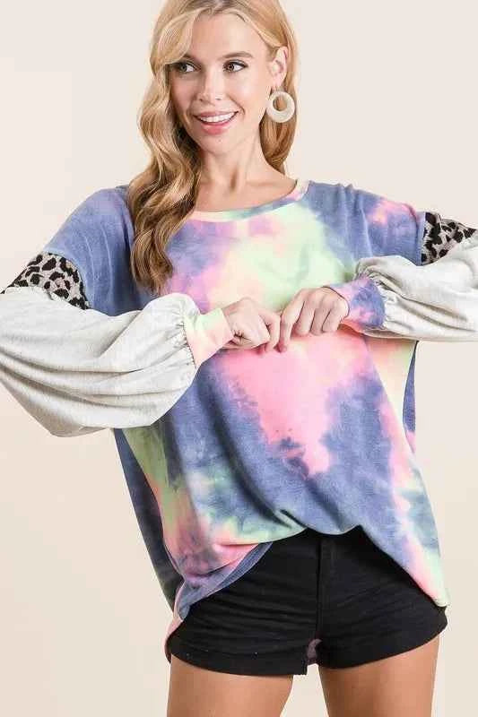BiBi Tie Dye Terry Top with Contrast Puff Sleeves bd2f2b29d1804758b8e14f9cda86b7a4-Max-Origin