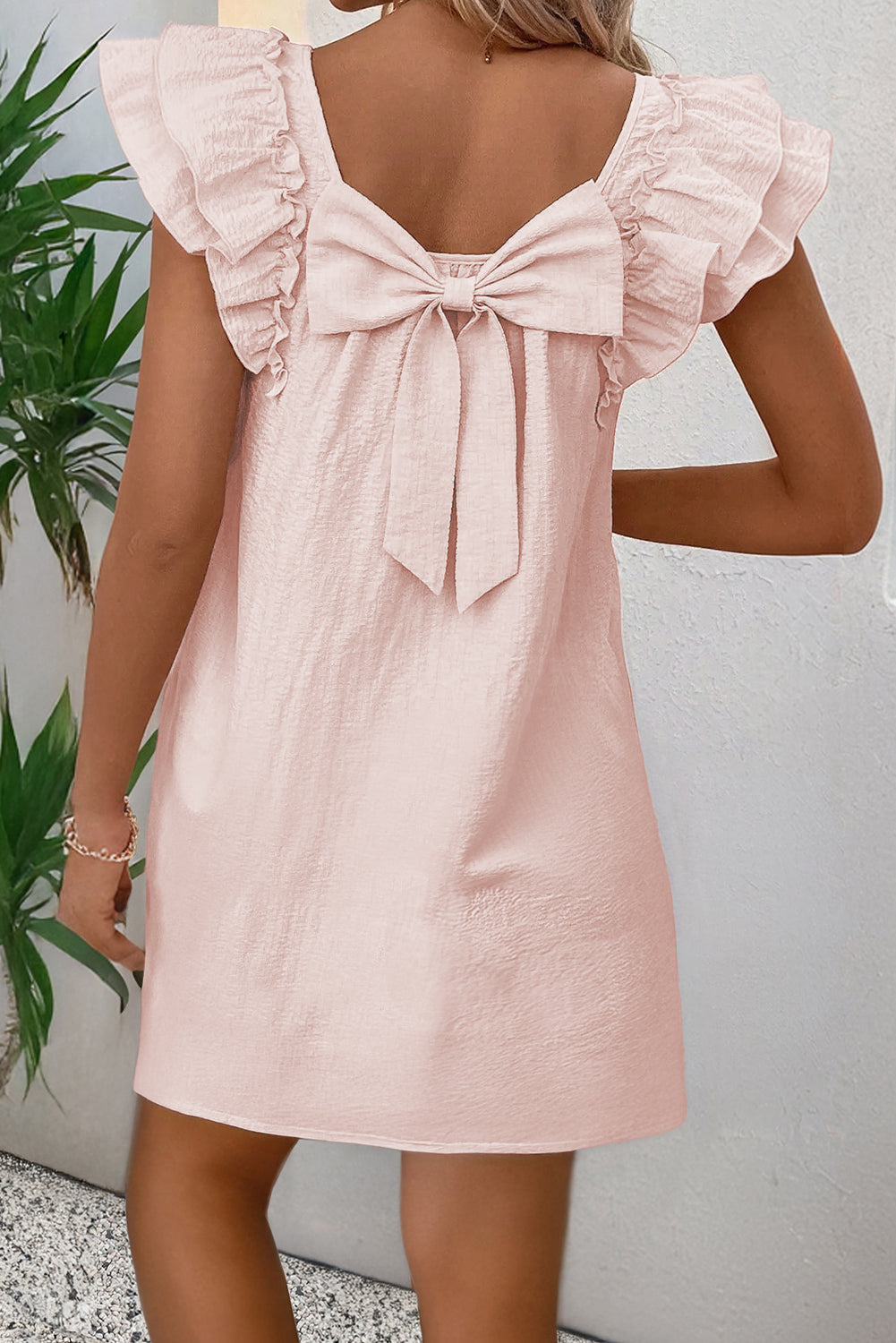 Beau Blue Textured Flutter Sleeve Square Neck Bow Back Mini Dress Light Pink bd4f1915a0e190be