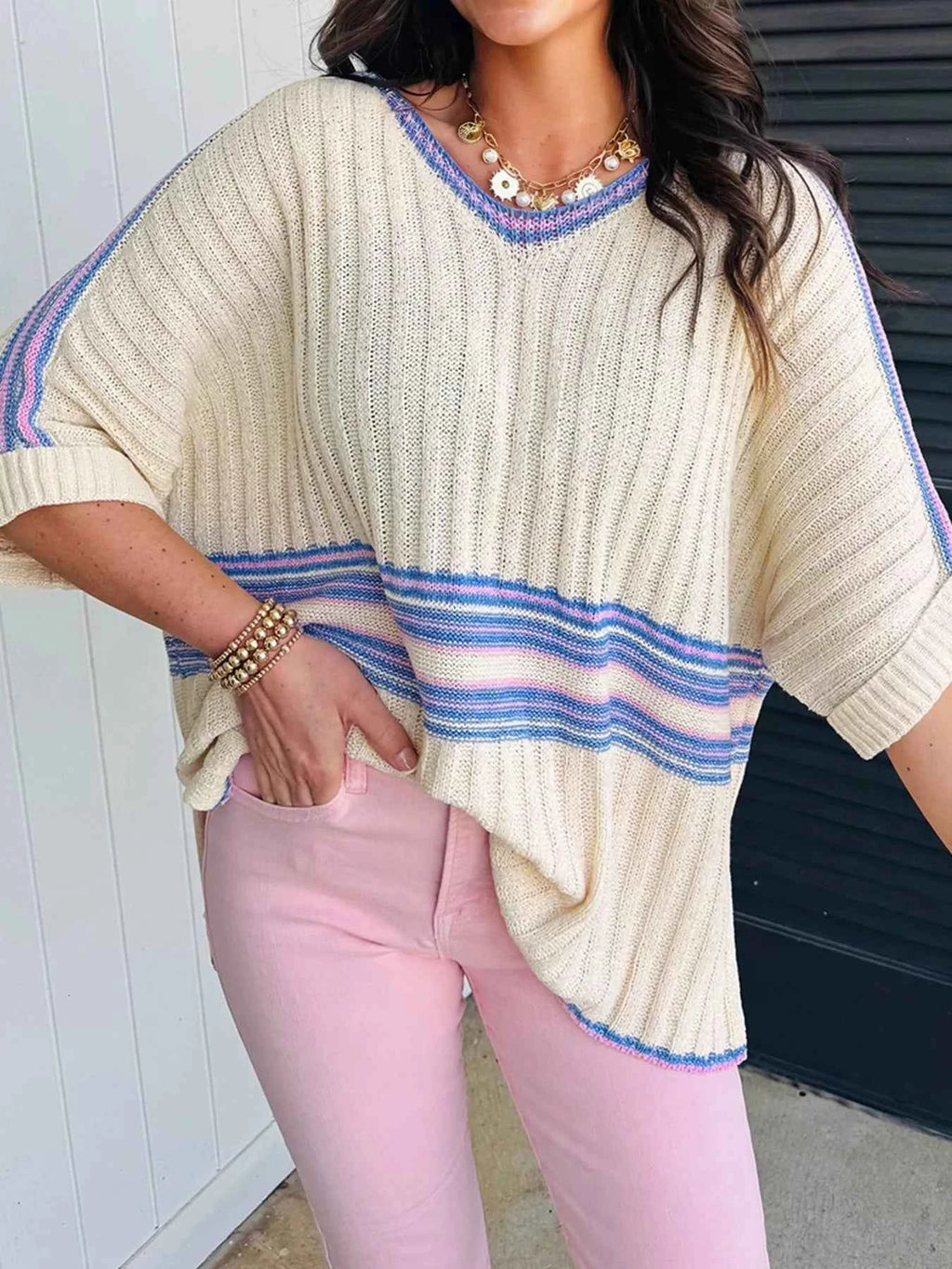 Striped V Neck Dolman Sleeve Rib Knit Oversized Sweater with Slits bd5a3c908ee8444ea84b47b68d5786d0-Max-Origin