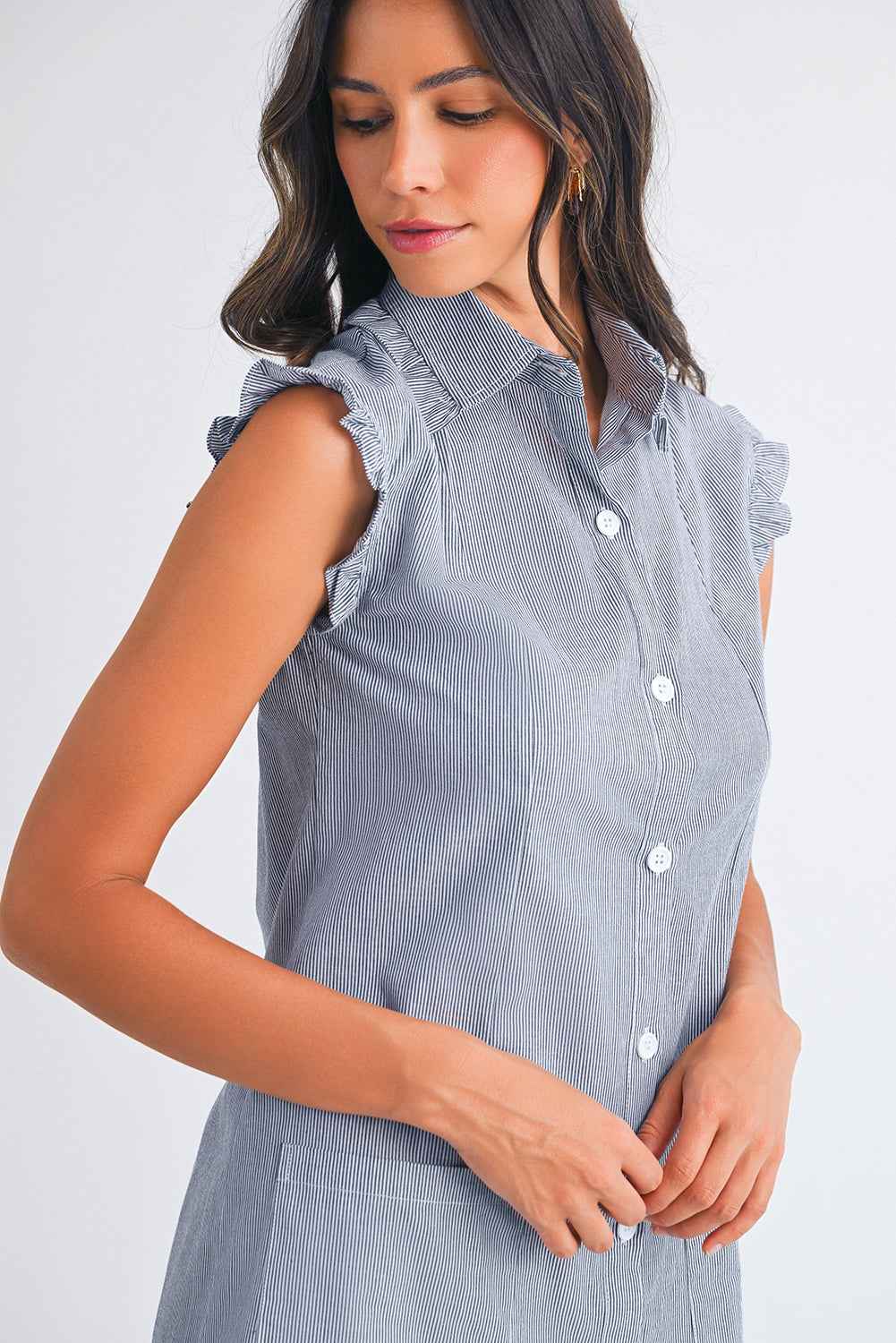 Green Stripe Frill Trim Pocket Button Up Mini Dress bd68cea5bf33bcbd