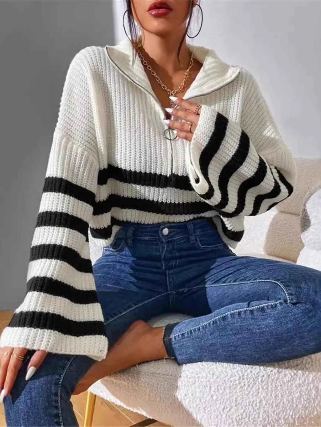 Striped Half Zip Cropped Sweater bd7137193cd248d8a14af18e4816f743-Max-Origin