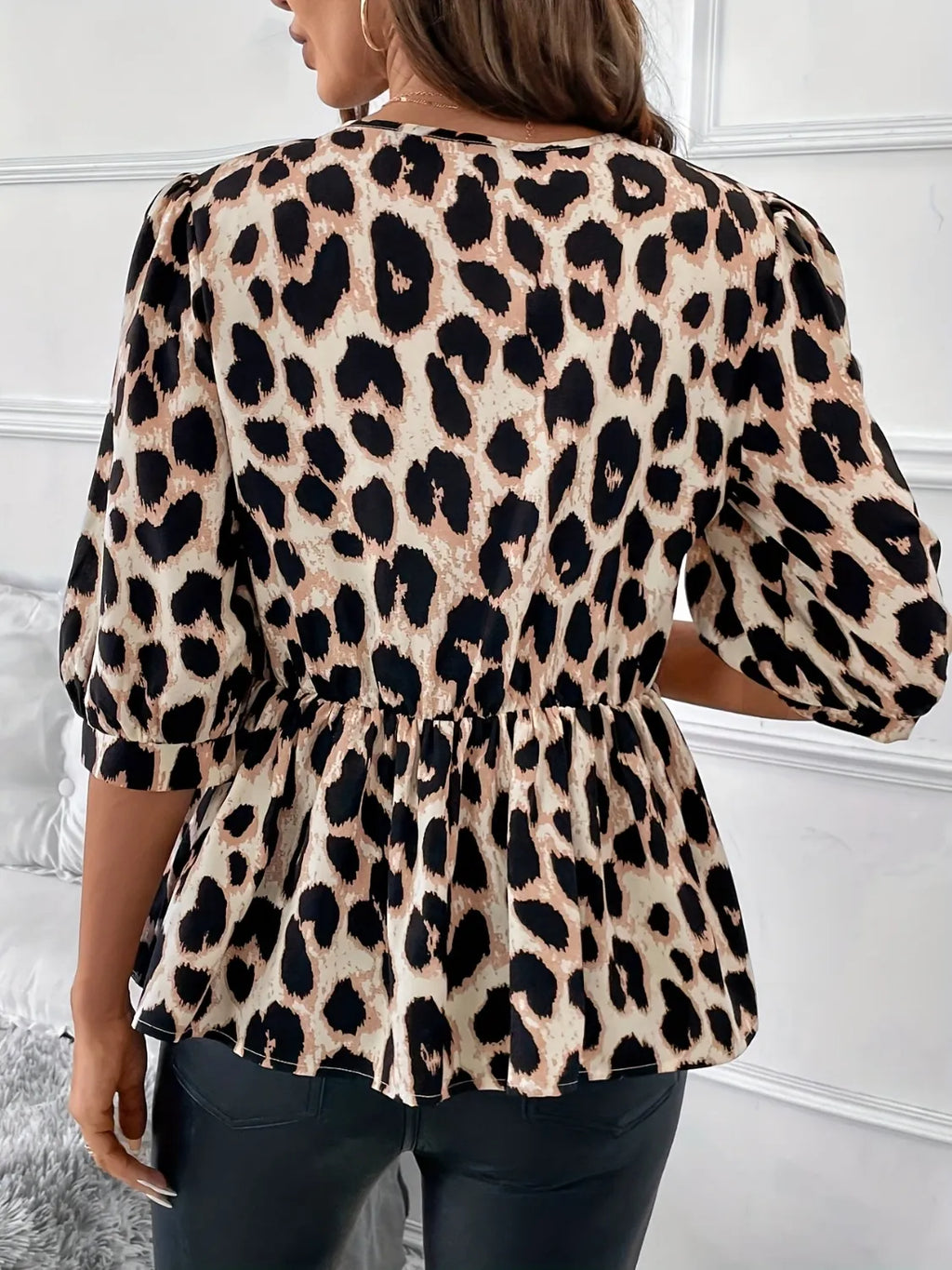 Tied Leopard Round Neck Half Sleeve Blouse bd7534e6-8d01-4b93-aa8a-5ca11c9a6575-Max-Origin