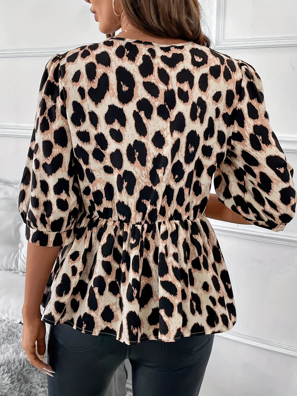 Tied Leopard Round Neck Half Sleeve Blouse bd7534e6-8d01-4b93-aa8a-5ca11c9a6575-Max-Origin