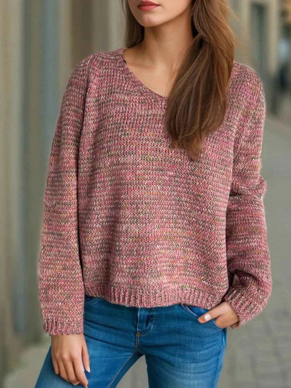 Heathered V-Neck Long Sleeve Sweater Dusty Pink One Size bd89992b-611d-4305-83de-3c214f85a002-Max