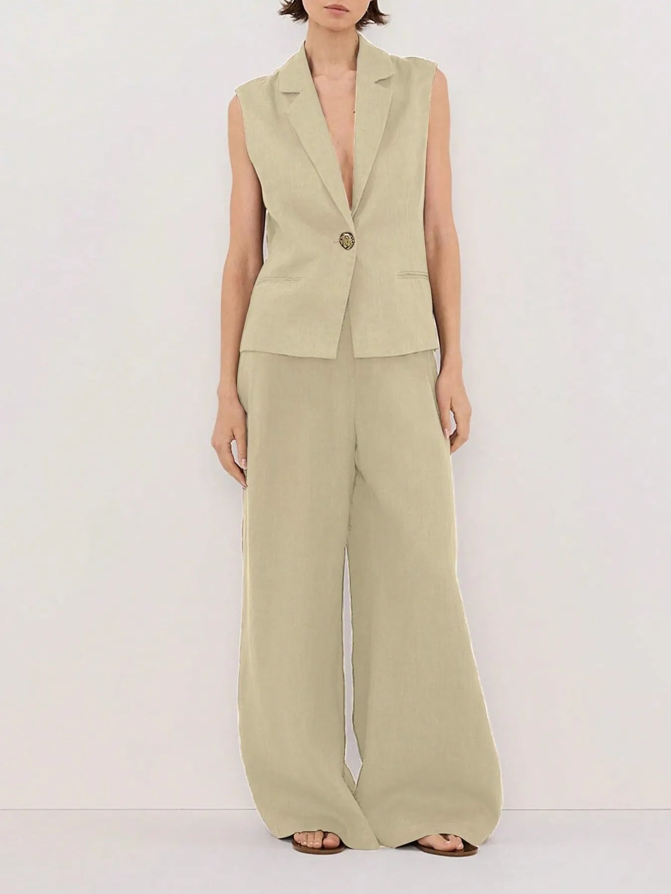 One Button Sleeveless Top and Pants Set Tan bd91c4b4-01d8-490e-a58a-eb4888965351-Max-Origin