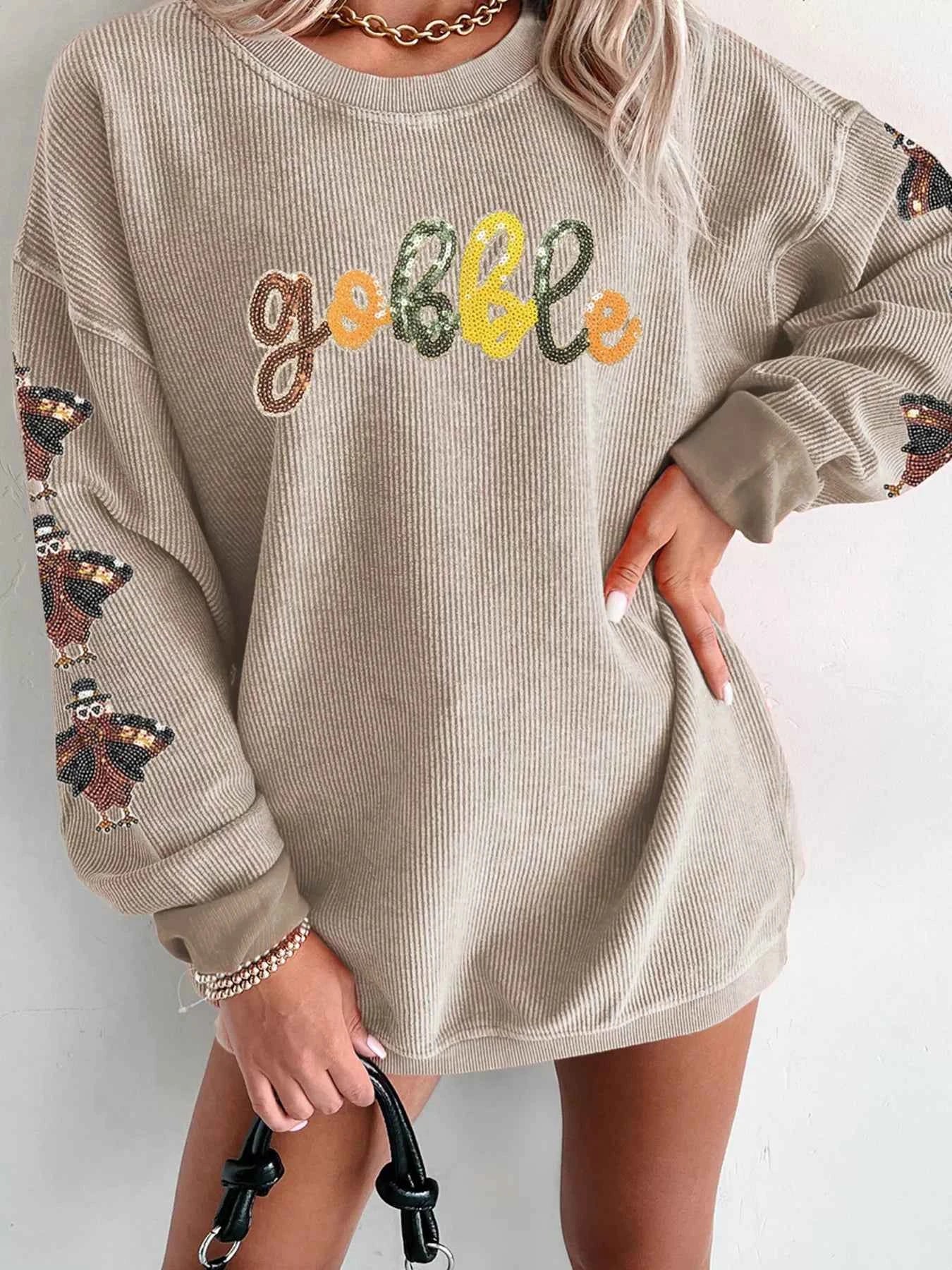 Gobble Corded Ribbed Thanksgiving Turkey Sequin Patched Sleeve Sweatshirt bd973c4926d44c55a9ed35b8a06e8cad-Max-Origin