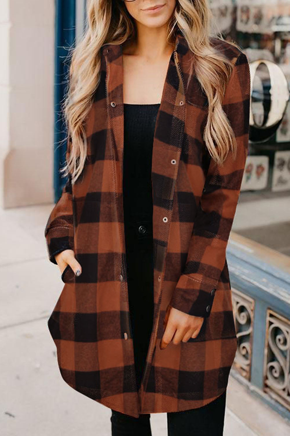 Brown & Black Plaid Collared Botton Down Long Shirt Shacket bd9dfcd972bdeaa2