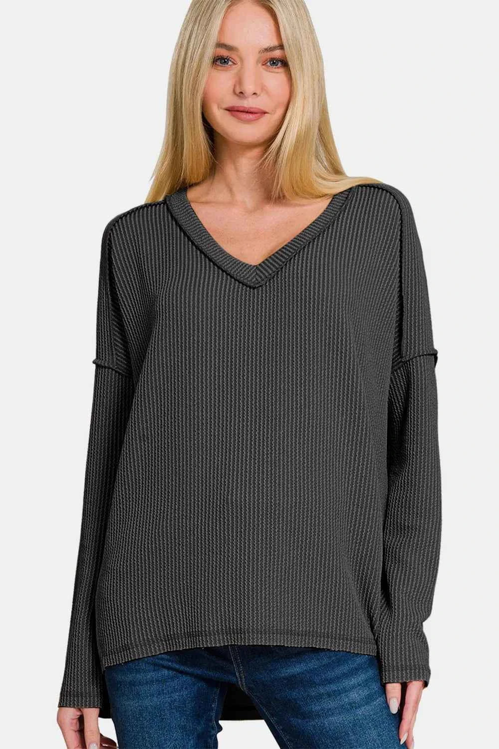 Zenana Texture Exposed Seam V-Neck Long Sleeve T-Shirt bda9e1f5-40b4-47d3-9537-895f4d799244-Max