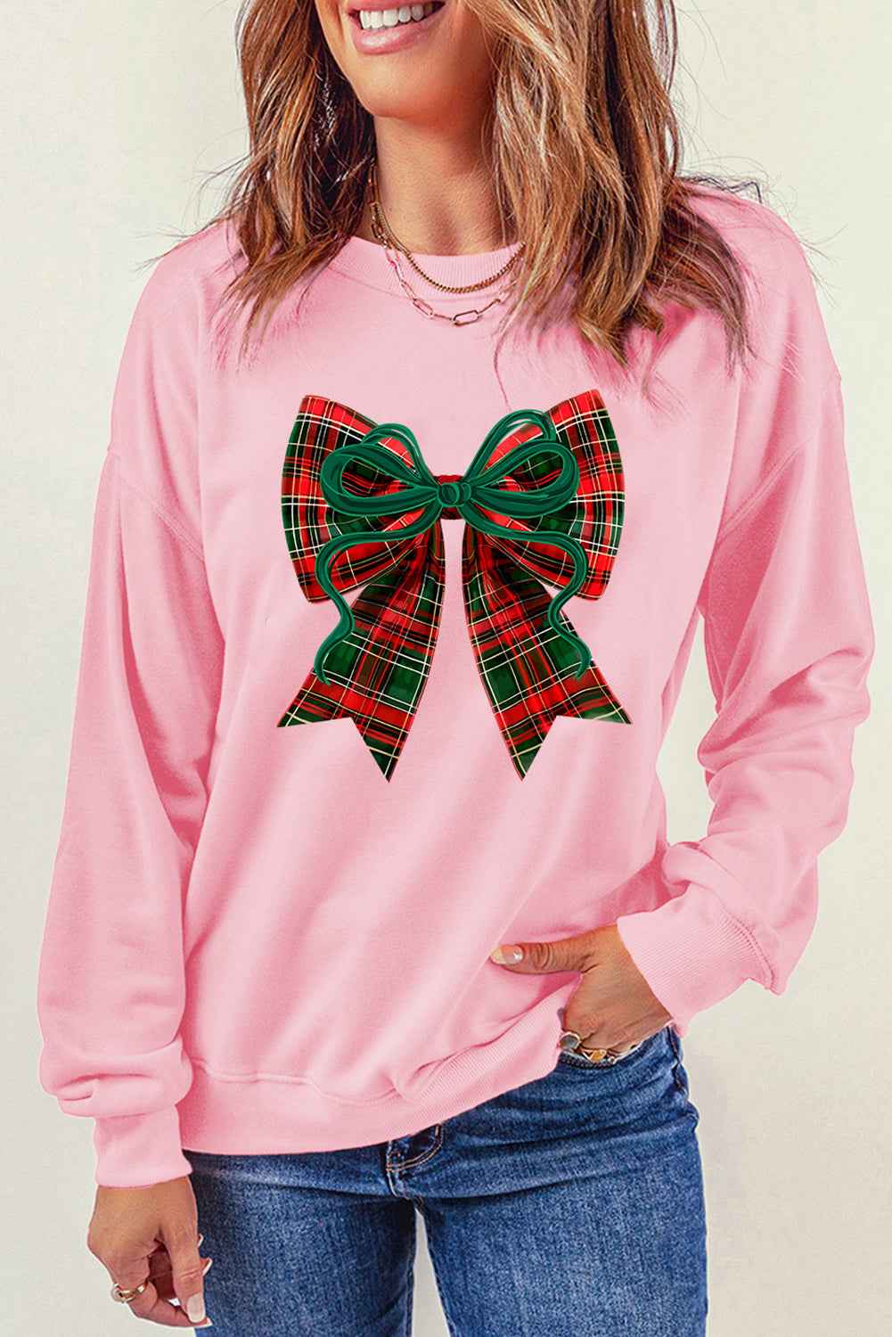 Pink Plaid Bow Heat Transfer Printing Christmas Vibe Sweatshirt bdbbc8348be45219