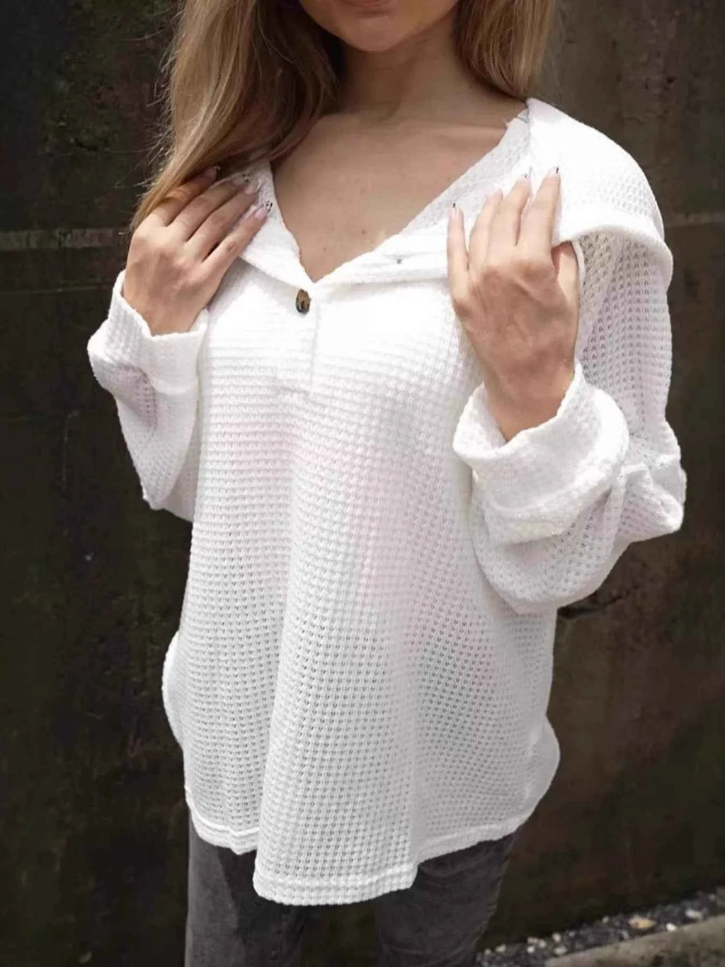 Waffle Knit Hoodie with Button Detail bdd2f64cb9d24d96a616572f5d39e7d0-Max-Origin