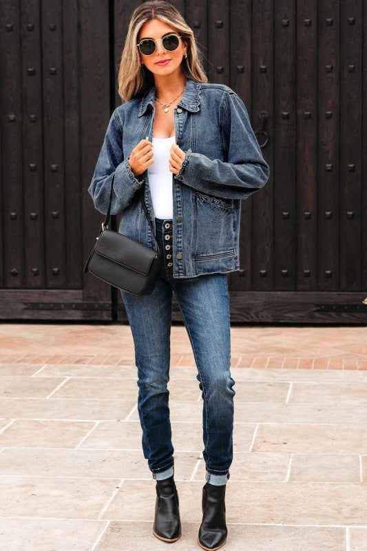 Solid Denim Scallop Collar Patch Pocket Buttoned J bde11df0-93ff-46c9-b64f-0a08ca6aabcb