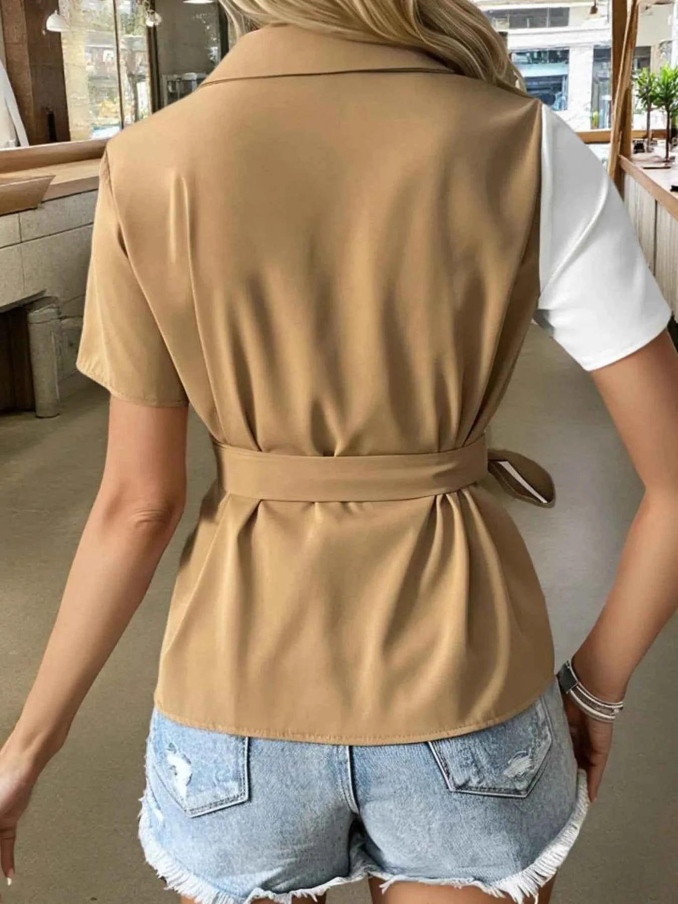 Two-Tone Short Sleeve Blouse with Tie Waist bde27e93efbb46118f09c7c47d5782d4-Max-Origin