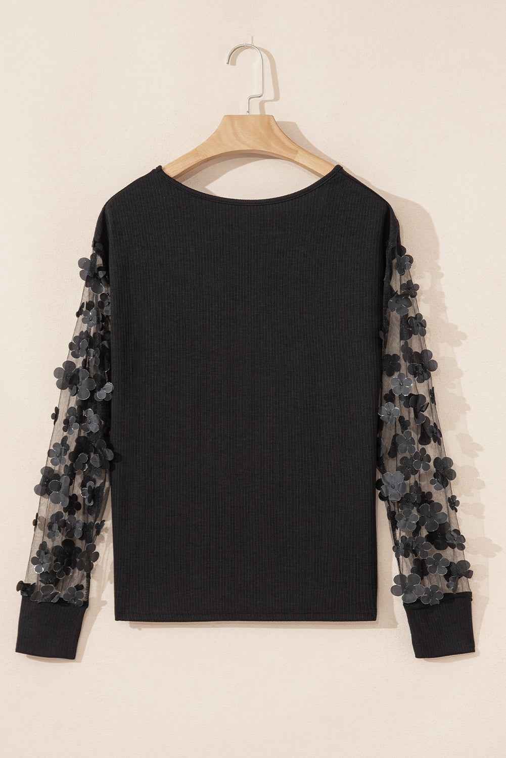 Black Flower Applique Mesh Long Sleeve V Neck Top bde29ba09555e084