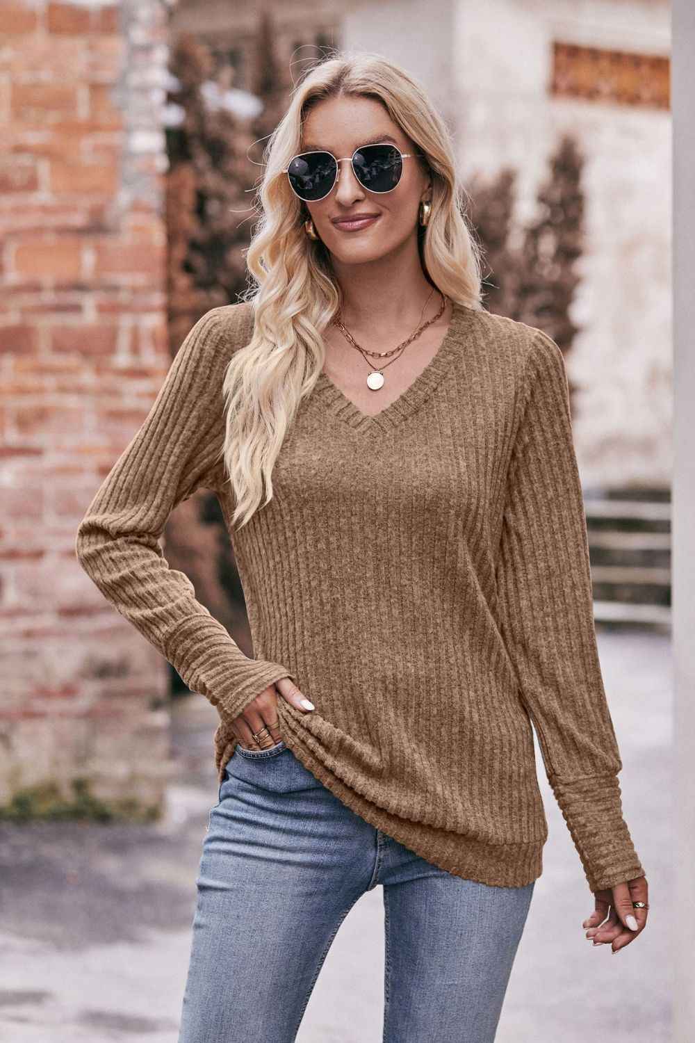 Mandy V-Neck Long Sleeve Ribbed Top bde720ca6ed44a5a99da7f541f4377be-Max