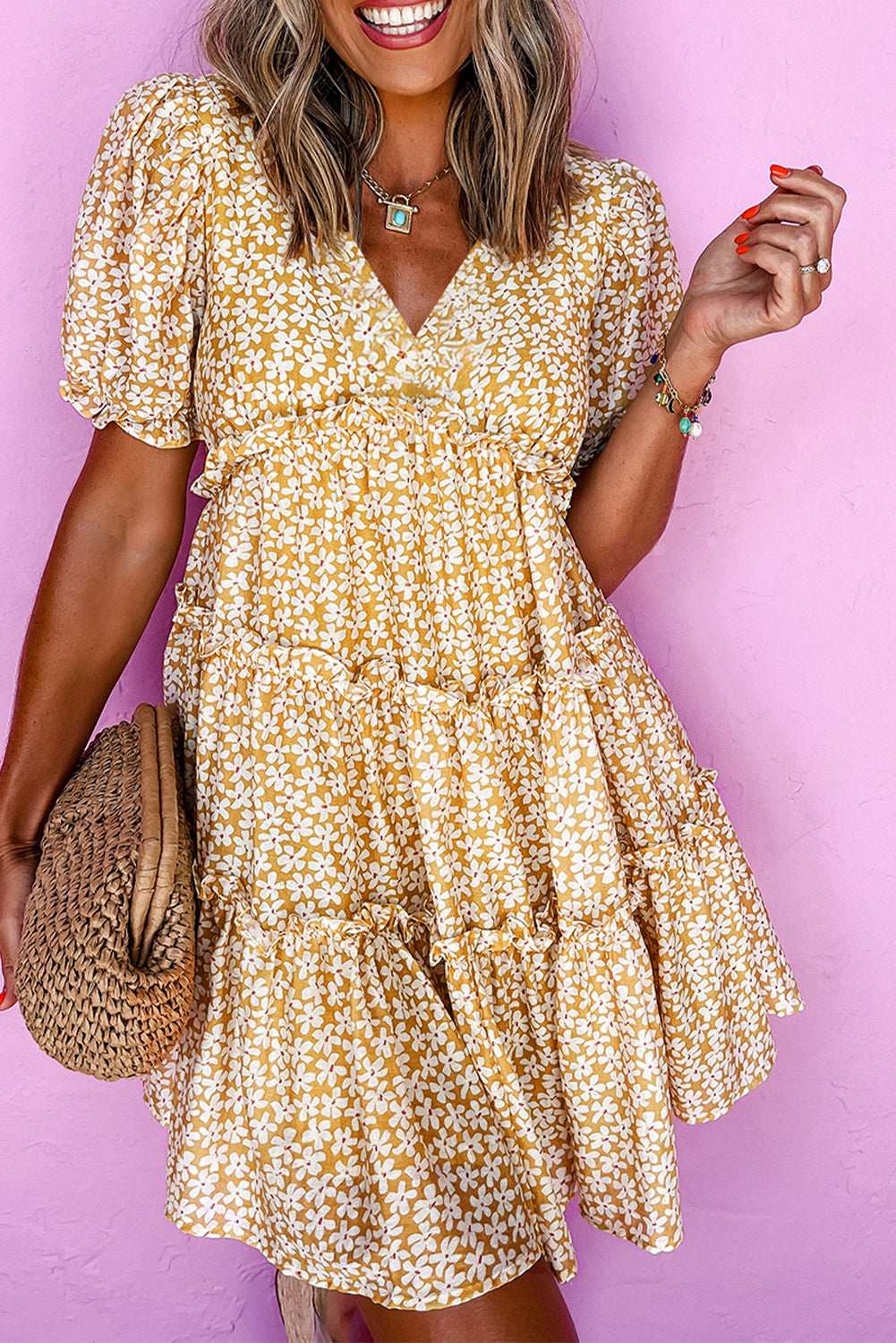 Yellow Floral Short Sleeve V Neck Frill Tiered Mini Dress Yellow bdefe8a493d544eb-_1