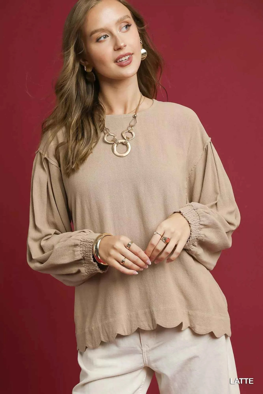 Umgee Linen Scallop Hem Long Sleeve Blouse LATTE be04a6d3-3484-42be-ab03-0c9536d93353-Max-Origin