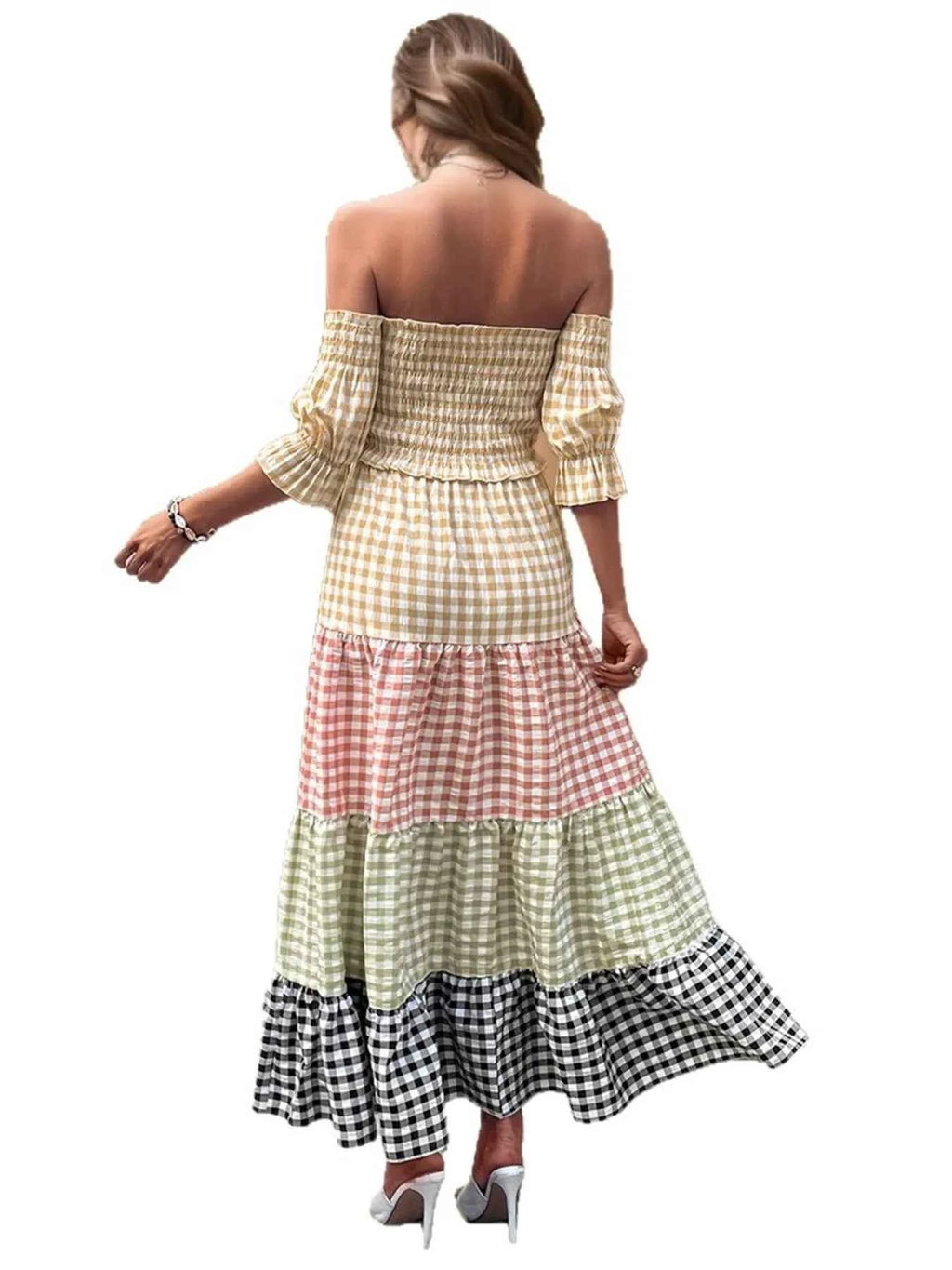 Color Block Plaid Off-Shoulder Maxi Dress be1fbc7a821a467a9a81f23cc7703d84-Max-Origin
