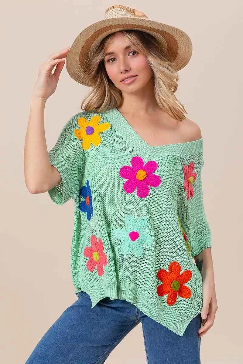 BiBi Flower Patches Dolman Sleeve Lightweight Sweater be233a21205a4974bf2d043f26cf1a6e-Max-Origin