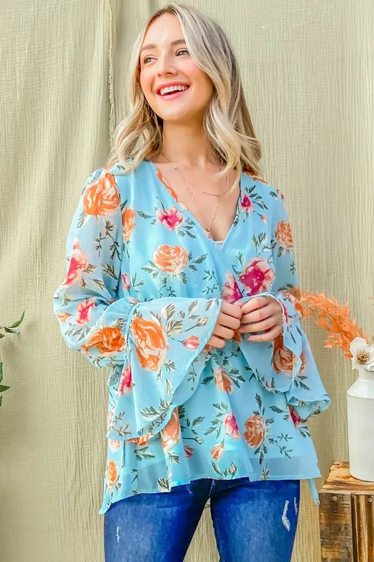 And The Why Floral Print Draw String Bell Sleeve Top be40983e32fa435db25a07d8983555db-Max-Origin