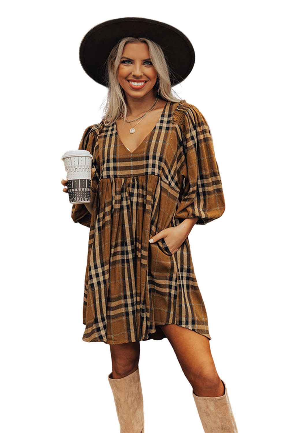 Brown Plaid Pattern Empire Waist Babydoll Dress Brown 100%Cotton be45cf32ff60a18a