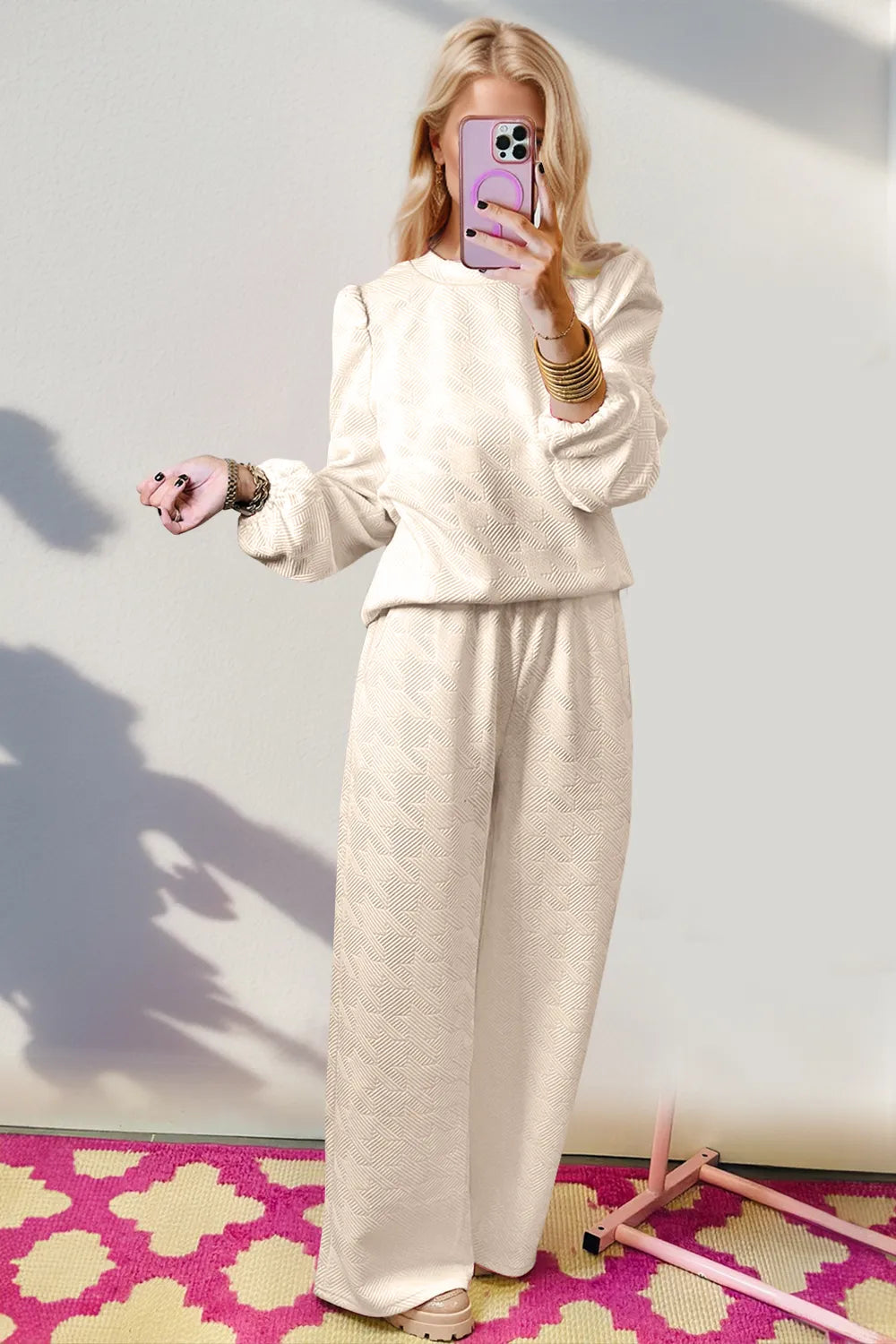 Double Take Texture Long Sleeve Top and Wide Leg Pants Set Cream be5e5322-ce4f-4862-8b6c-d9a6bd8b3c01-Max