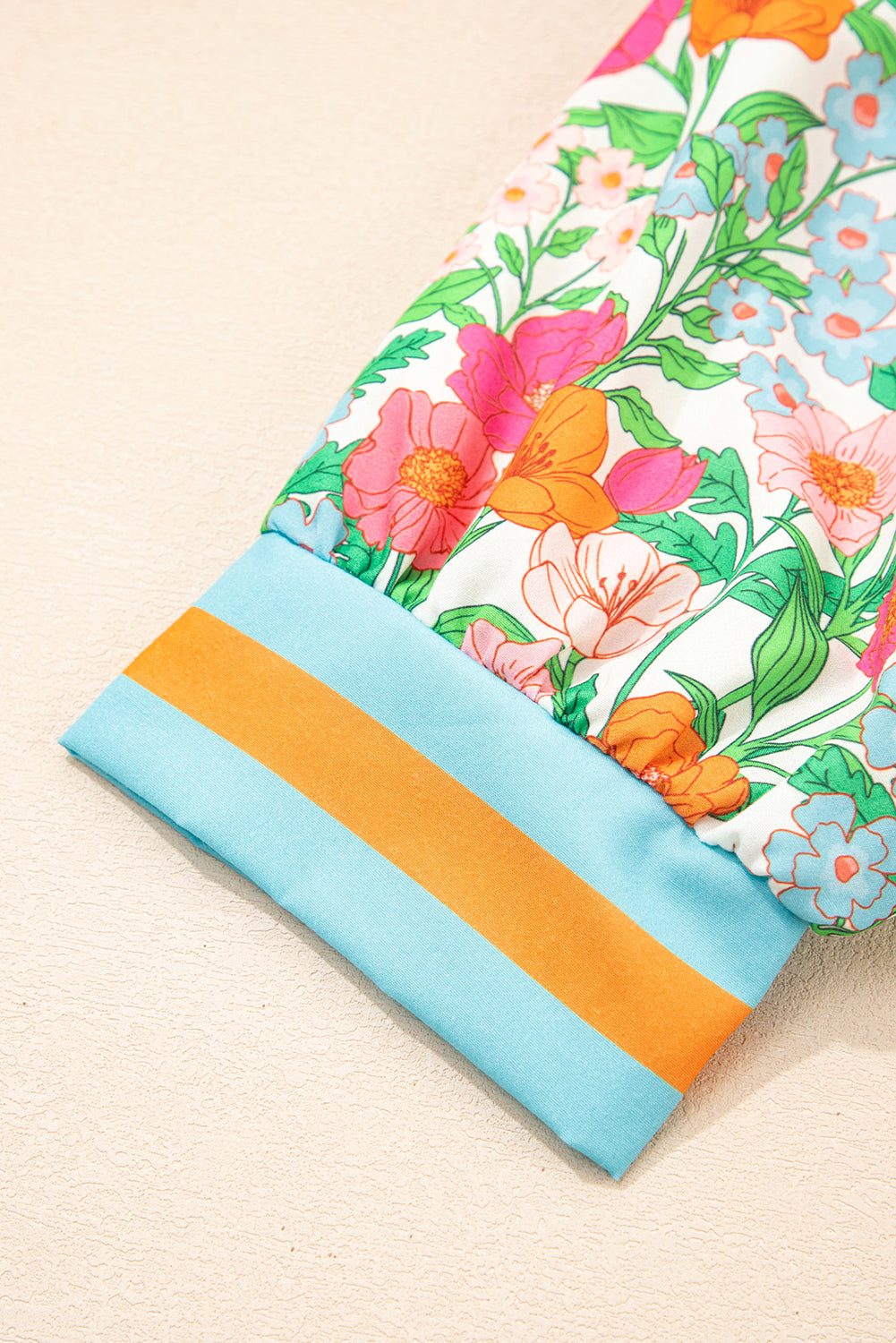 Green Floral Print Striped Trim Puff Sleeve Babydoll Blouse be5fcdc89c3dc32a