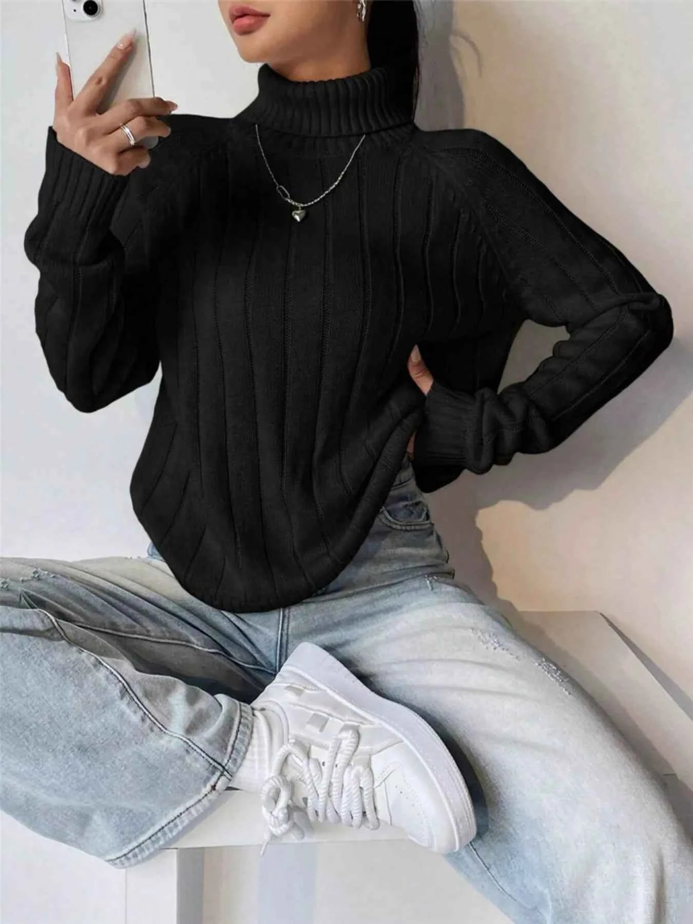 Ribbed Turtleneck Long Sleeve Sweater Black be63934287954f7cb3b32610b80451f2-Max-Origin