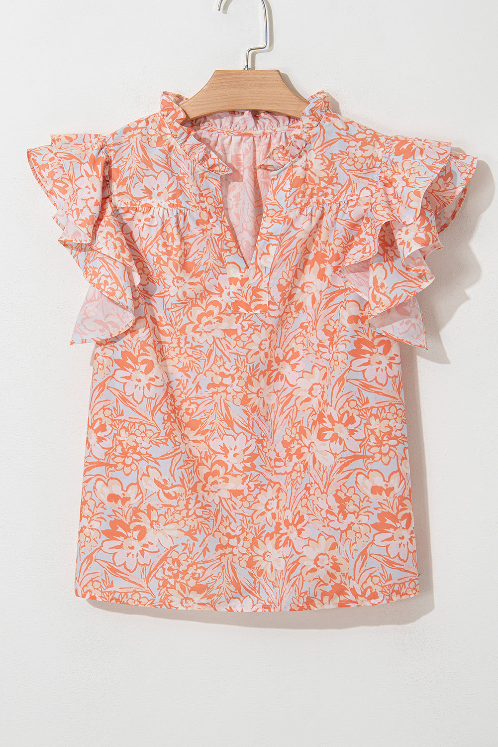 Orange Floral Ruffle Sleeve Split Neck Blouse be98b07b719c196e