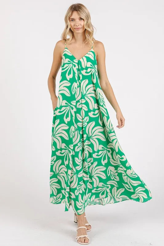 Mittoshop Printed V-Neck Maxi Cami Dress with Pockets Kelly Green be9a1016-1946-44e6-b09a-982b5f14f04c-Max