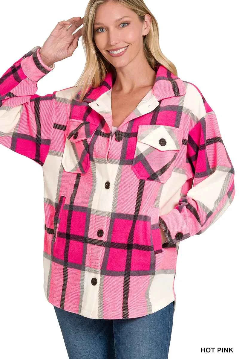 Zenana Oversized Plaid Fleece Shacket HOT PINK be9a89b8-b608-400d-acd2-afc4a6e610d7-Max-Origin