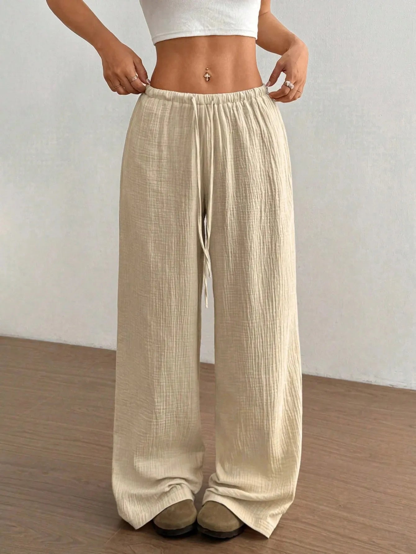 Drawstring Wide-Leg Casual Pants Apricot bebc96ab-b25f-47e0-af0b-6bf2f3cb7517-Max-Origin
