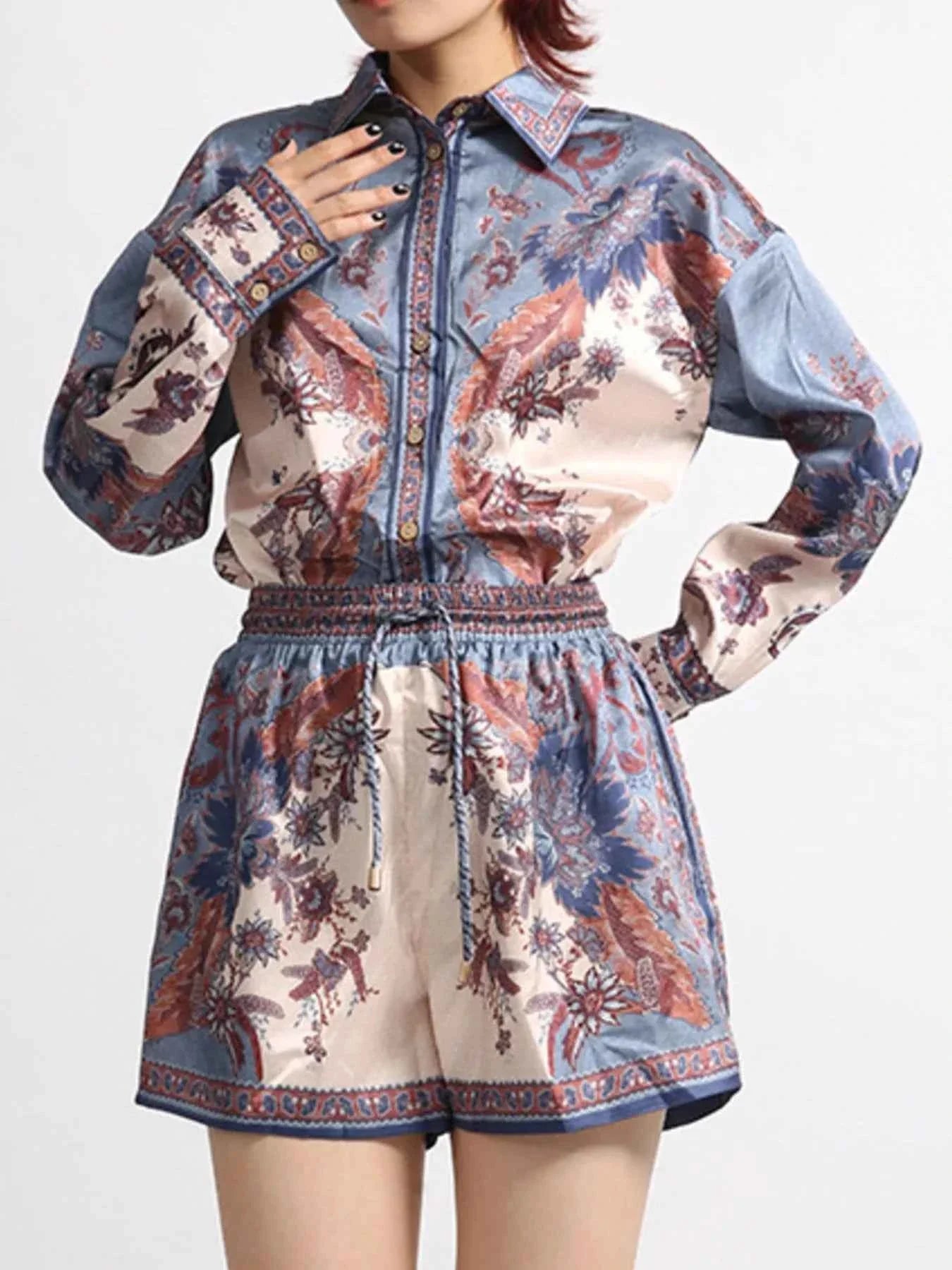 Printed Button Front Long Sleeve Shirt and Shorts Set Multicolor bec819ae-c36d-4281-837d-f90c890b17b8-Max-Origin