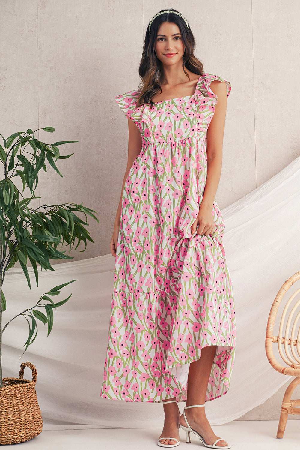 Blue Floral Print Square Neck Ruffled Strap Maxi Dress Pink becb1d573a0eea70-_9