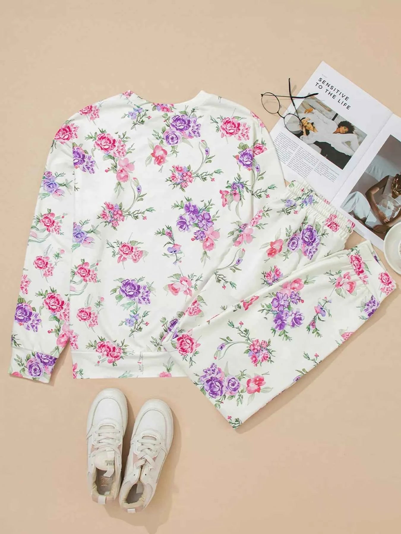 Floral Print Round Neck Top and Drawstring Pants Lounge Set beda3a8e40fc43cd849b5b2282375dce-Max-Origin