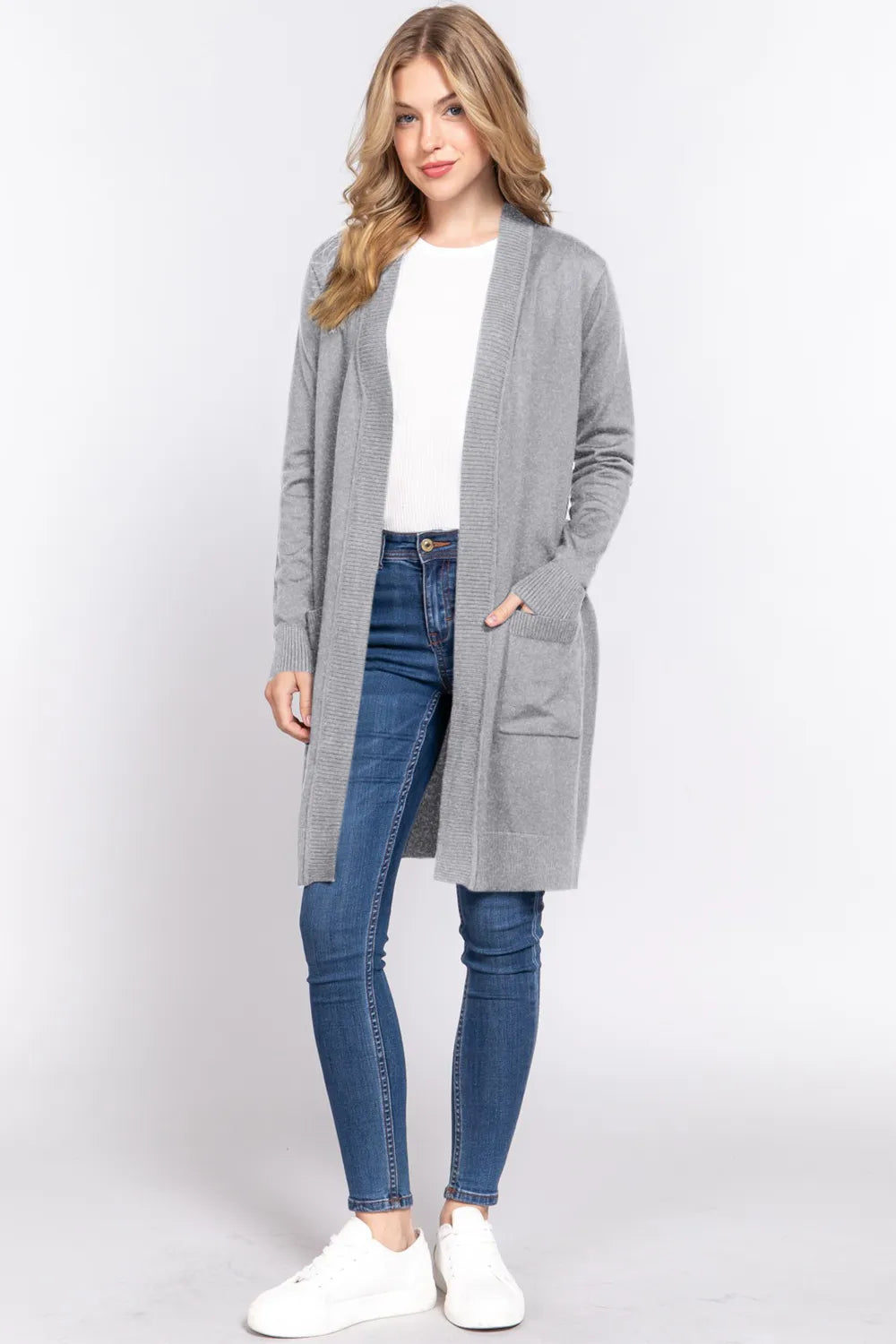 ACTIVE BASIC Open Front Rib Trim Long Sleeve Knit Cardigan bee3ca4d-3876-4567-96fd-cf2ff9b8bb05-Max