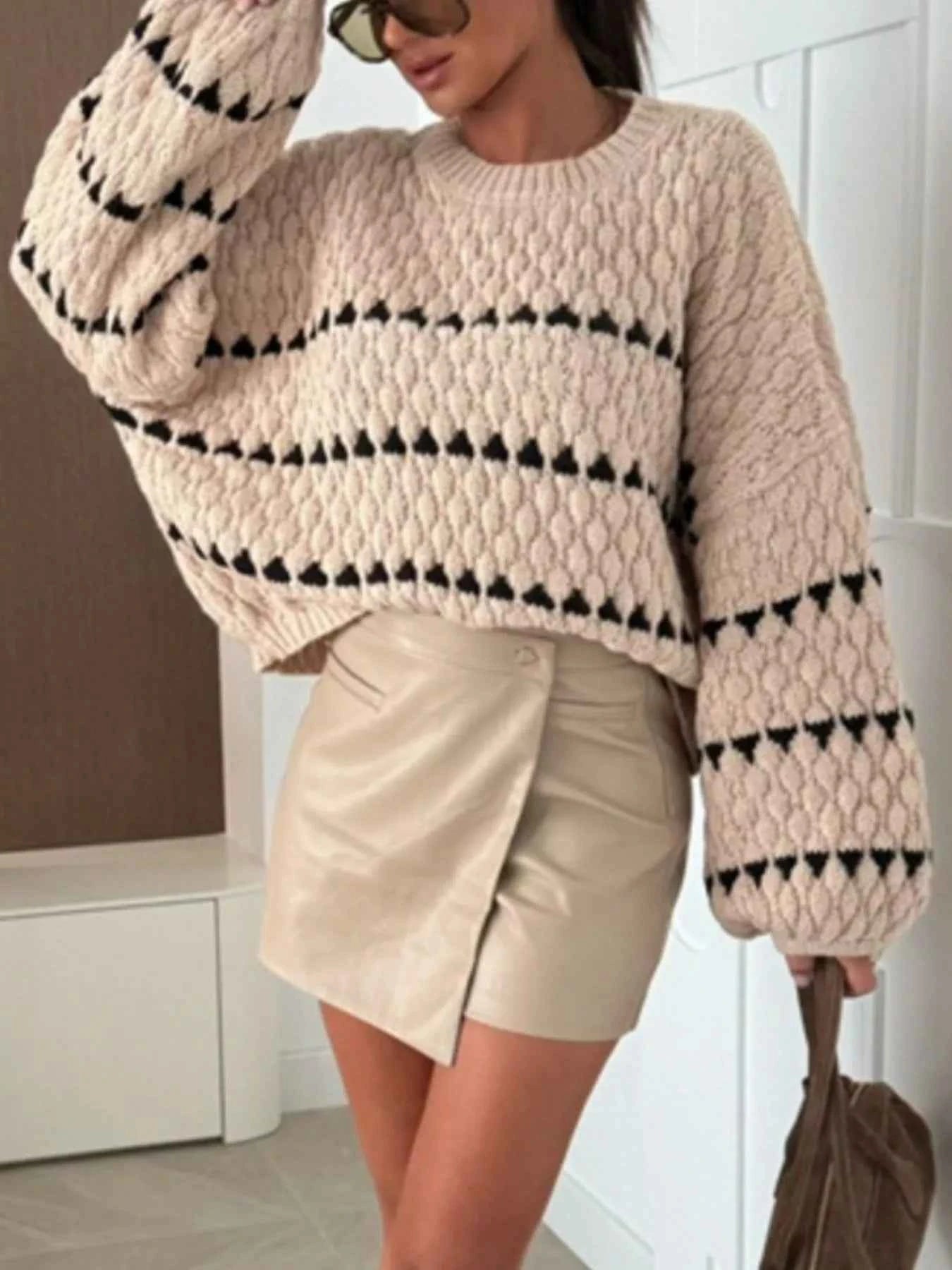 Chunky Knit Striped Sweater with Balloon Sleeves bee7ad24-54d4-4695-a182-7f6e45c11c09-Max-Origin