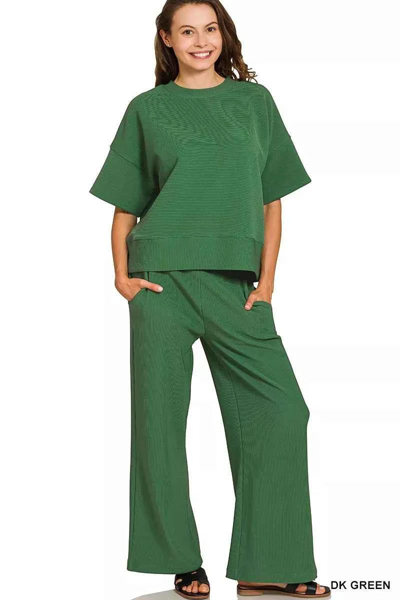 Zenana Ribbed Round Neck Tee & Pants Set DK GREEN beeb57e31bc54ca790bc9ad72b2a468d-Max-Origin