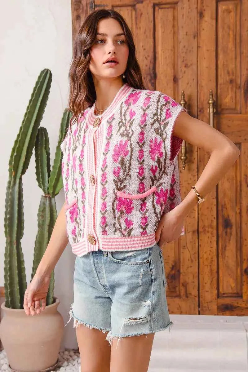 SO ME Button Front Floral and Stripe Knitted Sweater Vest bef0ae5bfbc24eaa8838689972a7086f-Max-Origin