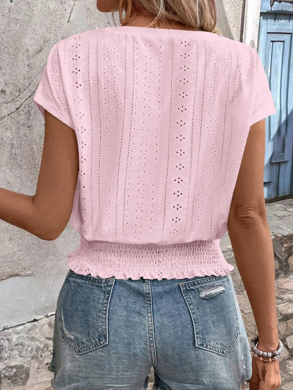 Eyelet V-Neck Short Sleeve Blouse bf00511d-0377-41b6-85a5-5fa71b37d025-Max-Origin