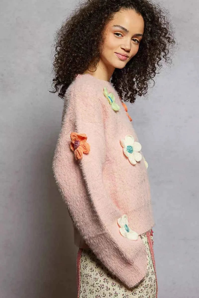 POL Round Neck Long Sleeve Sweater with 3D Floral Patch Detail bf007a08-afa3-4fc8-9538-bdcf3855f1f3-Max-Origin
