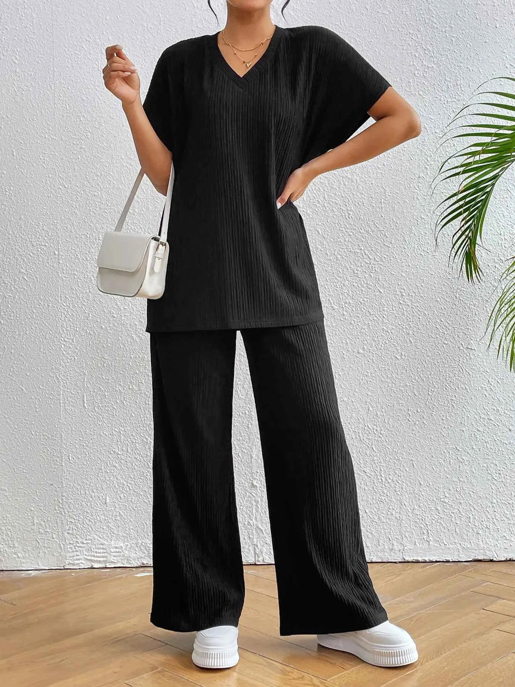 V-Neck Short Sleeve Top and Pants Set bf07bcb872944c6992bdd2090f013c2c-Max-Origin